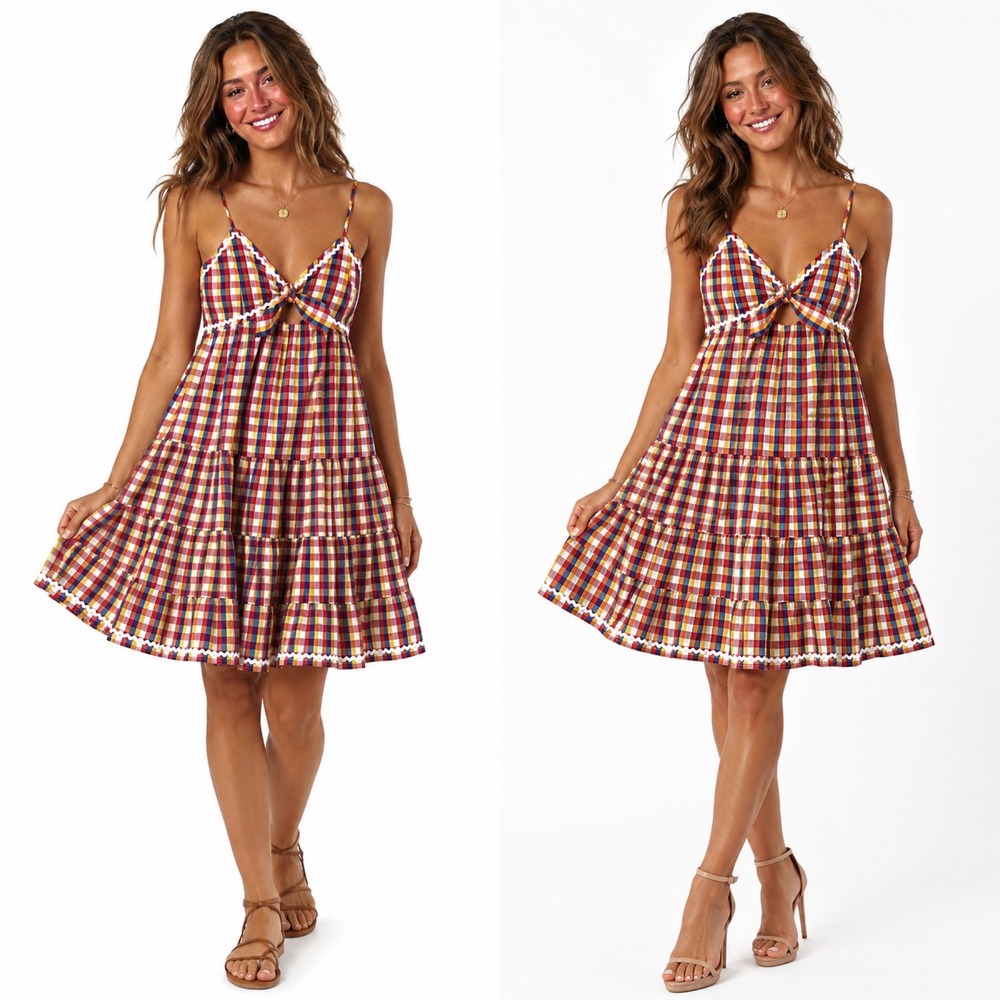 English Factory Dress Medium Gingham Tiered Ric Rac Tie Front Mini Sundress